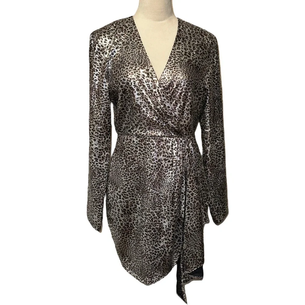 Nwt Ronny Kobo Jerry Leopard Print Cocktail Mini Dress Metallic Silver M - Picture 5 of 17